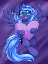 Size: 2250x3000 | Tagged: safe, artist:lustrous-dreams, artist:spittfireart, imported from derpibooru, princess luna, alicorn, pony, :o, cute, female, filly, filly luna, heart, heart pillow, high res, horn, hug, lunabetes, lying down, on back, open mouth, pillow, pillow hug, solo, spread wings, wings, woona, younger