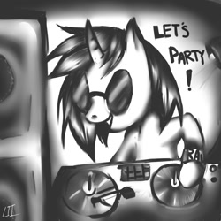 Size: 800x800 | Tagged: safe, artist:lysanderiris, imported from derpibooru, dj pon-3, vinyl scratch, unicorn, glasses, horn, monochrome, solo