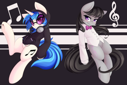 Size: 2000x1333 | Tagged: safe, artist:spittfireart, imported from derpibooru, dj pon-3, octavia melody, vinyl scratch, earth pony, pony, unicorn, blushing, bow, bowtie, clothes, cute, duo, duo female, female, headphones, hoodie, horn, looking at you, mare, music notes, shirt, smiling, smiling at you, tavibetes, underhoof, vinyl's glasses, vinylbetes