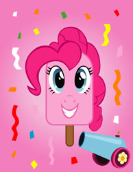 Size: 1024x1322 | Tagged: safe, artist:ask-lyrathepony, imported from derpibooru, pinkie pie, food pony, original species, pony, confetti, female, food, food transformation, grin, looking at you, mare, party cannon, pink background, ponified, popsicle, simple background, smiling, solo