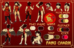 Size: 6017x3976 | Tagged: safe, artist:littletigressda, imported from derpibooru, oc, oc:fang charm, anthro, bird, dragon, duck, pegasus, plantigrade anthro, pony, abstract background, animal, chinese, chinese dragon, chinese new year, clothes, commission, cutie mark, female, gradient background, hooves, lantern, leggings, mare, one-piece swimsuit, paper lantern, red dress, red eyes, reference sheet, shoes, spread wings, swimsuit, wings