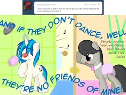 Size: 1000x754 | Tagged: safe, artist:erthilo, imported from derpibooru, dj pon-3, octavia melody, vinyl scratch, earth pony, unicorn, ask octavia, ask, bathroom, horn, lyrics, men without hats, shower, song reference, text, the safety dance, tumblr