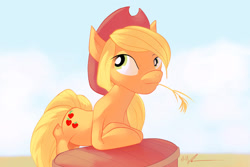 Size: 1280x853 | Tagged: safe, artist:eleganceliberty, imported from derpibooru, applejack, earth pony, hat, solo, straw, straw in mouth