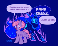 Size: 4096x3234 | Tagged: safe, artist:pastacrylic, edit, imported from derpibooru, derpy hooves, nightmare moon, alicorn, pegasus, pony, :d, blue background, cheese, derpy being derpy, dialogue, duo, female, food, happy, helmet, jewelry, lesbian, mare, nightmarederp, open mouth, open smile, regalia, shipping, simple background, smiling