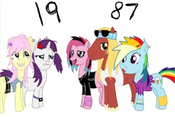 Size: 1200x807 | Tagged: artist needed, source needed, safe, imported from derpibooru, big macintosh, fluttershy, pinkie pie, rainbow dash, rarity, earth pony, pegasus, pony, unicorn, 80s, braces, clothes, ear piercing, earth pony rainbow dash, goth, hair dye, horn, leg warmers, piercing, race swap, simple background, sunglasses, white background