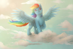 Size: 800x533 | Tagged: safe, artist:zhiibe, imported from derpibooru, rainbow dash, pegasus, pony, cloud, female, mare, sky, solo, watermark