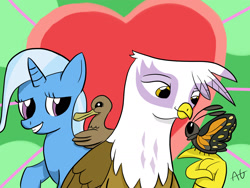 Size: 2000x1500 | Tagged: safe, artist:ashesg, imported from derpibooru, gilda, trixie, bird, butterfly, duck, griffon, pony, unicorn, heart, horn, pet, pets