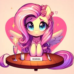 Size: 1024x1024 | Tagged: safe, imported from derpibooru, fluttershy, ai content, ai generated, cute, date, dinner, generator:dall-e 3, looking at you, nervous, prompter:boddy meaisín, shyabetes