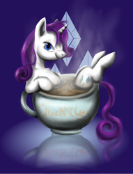 Size: 700x918 | Tagged: safe, artist:themiles, imported from derpibooru, rarity, pony, unicorn, cup, female, horn, looking at you, mare, reflection, smiling, solo, steam, teacup