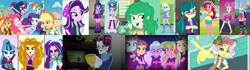 Size: 5112x1440 | Tagged: safe, edit, edited screencap, imported from derpibooru, screencap, adagio dazzle, applejack, aria blaze, dj pon-3, fluttershy, indigo zap, juniper montage, kiwi lollipop, lemon zest, pinkie pie, rainbow dash, rarity, sci-twi, sonata dusk, sour sweet, starlight glimmer, sugarcoat, sunny flare, sunset shimmer, supernova zap, trixie, twilight sparkle, vignette valencia, vinyl scratch, wallflower blush, alicorn, equestria girls, humane five, humane seven, humane six, k-lo, postcrush, shadow five, su-z, the dazzlings, twilight sparkle (alicorn)