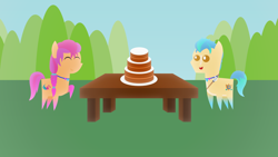 Size: 1920x1080 | Tagged: safe, artist:carrotorangelight, imported from derpibooru, hitch trailblazer, sunny starscout, earth pony, pony, cake, eyes closed, female, food, g5, gradient legs, jewelry, male, necklace, outdoors, sash, sheriff's badge, table