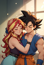 Size: 3328x4864 | Tagged: safe, imported from derpibooru, sunset shimmer, human, saiyan, ai content, ai generated, backlighting, bare shoulders, belt, closed mouth, clothes, depth of field, dragon ball, dragon ball z, eyes closed, generator:pony diffusion v6 xl, generator:purplesmart.ai, generator:stable diffusion, hand on chest, hand on head, happy, hug, humanoid, prompter:lerkyboy, sleeveless, smiling, son goku, tanktop, wristband