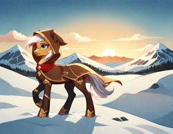 Size: 2304x1792 | Tagged: safe, imported from derpibooru, oc, oc only, earth pony, pony, ai content, ai generated, earth pony oc, generator:pony diffusion v6 xl, generator:stable diffusion, hooded cape, mountain, prompter:gullveigai, scenery, snow, solo, sun