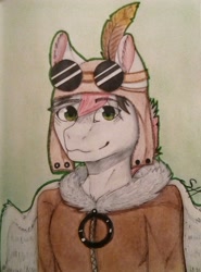 Size: 1454x1967 | Tagged: artist needed, source needed, safe, imported from derpibooru, oc, oc only, oc:damiyan, pegasus, clothes, coat, feather, flight suit, green eyes, photo, pilot, simple background, solo, sunglasses, traditional art, white background, white fur