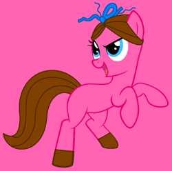 Size: 969x963 | Tagged: safe, artist:drugzrbad, artist:spitfirethepegasusfan39, imported from twibooru, earth pony, pony, adult blank flank, base used, blank flank, bow, clothes, dreamworks face, female, hair bow, hair ribbon, hooves, hooves up, image, little miss, little miss quick, mare, mr. men, mr. men little miss, open mouth, open smile, pink background, png, ponified, quick, ribbon, shoes, simple background, smiling, solo