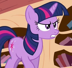 Size: 1141x1080 | Tagged: safe, imported from derpibooru, screencap, twilight sparkle, unicorn, the crystal empire, angry, book, bookshelf, cropped, golden oaks library, solo, unicorn twilight