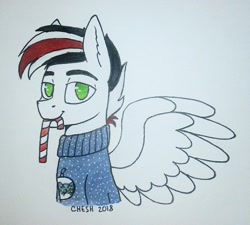 Size: 1704x1533 | Tagged: artist needed, source needed, safe, imported from derpibooru, oc, oc only, oc:damiyan, pegasus, candy, candy cane, christmas, clothes, food, green eyes, holiday, mouth hold, simple background, solo, sweater, traditional art, white background, white fur