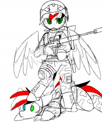 Size: 1549x1852 | Tagged: artist needed, source needed, safe, imported from derpibooru, oc, oc:damiyan, pegasus, bipedal, clothes, escape from tarkov, green eyes, gun, helmet, military uniform, simple background, sketch, uniform, weapon, white background, white fur