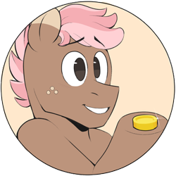 Size: 400x400 | Tagged: safe, artist:foxgoo, imported from twibooru, oc, oc only, oc:carton, earth pony, pony, advertisement, bits, bust, coin, earth pony oc, eyebrows, eyebrows visible through hair, freckles, grin, hoof hold, image, male, png, simple background, smiling, solo, stallion, transparent background