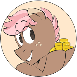 Size: 400x400 | Tagged: safe, artist:foxgoo, imported from twibooru, oc, oc only, oc:carton, earth pony, pony, advertisement, bits, bust, coin, earth pony oc, eyebrows, eyebrows visible through hair, freckles, grin, hoof hold, image, male, png, simple background, smiling, solo, stallion, transparent background