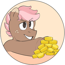 Size: 400x400 | Tagged: safe, artist:foxgoo, imported from twibooru, oc, oc only, oc:carton, earth pony, pony, advertisement, bits, bust, coin, earth pony oc, eyebrows, eyebrows visible through hair, freckles, grin, image, male, png, simple background, smiling, smug, solo, stallion, transparent background