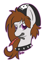 Size: 755x1057 | Tagged: safe, artist:lemonlou, imported from twibooru, oc, oc only, oc:kumikoshy, earth pony, pony, beanie, bust, butterfly knife, choker, earth pony oc, female, hat, image, knife, mare, mouth hold, png, raised eyebrow, simple background, solo, spiked choker, transparent background