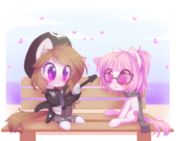 Size: 1000x800 | Tagged: safe, artist:riouku, imported from twibooru, oc, oc only, oc:kumikoshy, unnamed oc, earth pony, pony, unicorn, beanie, bench, blushing, chibi, choker, clothes, earth pony oc, electric guitar, female, fishnets, glasses, guitar, hat, heart, horn, image, jacket, lesbian, musical instrument, oc x oc, pants, pink mane, png, scarf, shipping, sitting, spiked choker, tail, torn clothes, unicorn oc