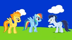 Size: 1080x605 | Tagged: safe, imported from twibooru, screencap, rainbow dash, soarin', spitfire, pegasus, pony, series:mlp animation's short films, series:pegasus race, happy, image, needs more jpeg, pointing, smiling, trio