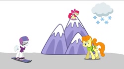 Size: 1077x603 | Tagged: safe, imported from twibooru, screencap, apple bloom, carrot top, double diamond, golden harvest, earth pony, pony, series:mlp animation's short films, series:pinkie's sneezing day, image, mountain, needs more jpeg, snow, trio