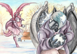 Size: 3489x2455 | Tagged: safe, artist:souleatersaku90, imported from ponybooru, oc, oc only, oc:ellis blu, oc:magenta scroll, anthro, bat pony, unguligrade anthro, anthro oc, bat pony oc, bat wings, clothes, commission, couple, fangs, female, fun, husband and wife, male, married, married couple, oc x oc, shipping, smiling, snow, snowball, snowball fight, straight, traditional art, watercolor painting, wings, winter, winter outfit