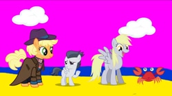 Size: 1080x604 | Tagged: safe, imported from twibooru, screencap, applejack, derpy hooves, rumble, crab, earth pony, pegasus, pony, series:mlp animation's short films, series:sailors away, beach, happy, image, needs more jpeg, smiling