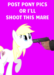 Size: 753x1060 | Tagged: safe, alternate version, artist:bonemareoh, imported from twibooru, oc, oc:aryanne, earth pony, human, pony, blackmail, caption, death threat, female, gun, hand, image, image macro, implied murder, mare, national lampoon, nazi, pink background, png, simple background, solo, staring at you, text, this will end in murder, threat, weapon