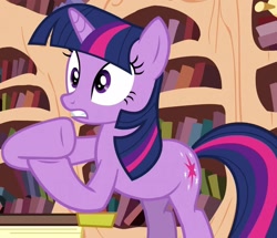 Size: 1253x1080 | Tagged: safe, imported from derpibooru, screencap, twilight sparkle, pony, unicorn, season 3, the crystal empire, book, bookshelf, cropped, female, golden oaks library, mare, shrunken pupils, solo, unicorn twilight