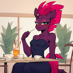 Size: 1024x1024 | Tagged: safe, imported from derpibooru, tempest shadow, anthro, ai content, ai generated, blushing, broken horn, clothes, cup, date, dress, drink, generator:purplesmart.ai, generator:stable diffusion, horn, lidded eyes, looking at you, potted plant, prompter:stormblazer92, restaurant, sitting, smiling, smiling at you, table, teacup, window