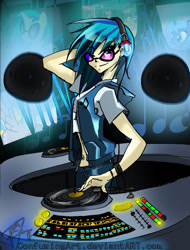 Size: 779x1025 | Tagged: source needed, safe, artist:confusingart, imported from derpibooru, dj pon-3, vinyl scratch, human, glasses, headphones, humanized, music notes, turntable