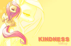 Size: 1451x938 | Tagged: safe, artist:sambragg, imported from derpibooru, fluttershy, pegasus, pony, female, kindness, lidded eyes, looking away, looking down, mare, sitting, smiling, solo, wings, zoom layer