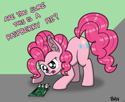 Size: 1844x1512 | Tagged: safe, artist:banquo0, imported from derpibooru, pinkie pie, earth pony, pony, circuit board, computer, confused, curious, ear fluff, open mouth, pun, raspberry pi, solo, text, visual pun