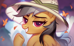 Size: 1280x800 | Tagged: safe, derpibooru exclusive, imported from derpibooru, daring do, butterfly, pegasus, pony, ai content, ai generated, colored, cute, female, generator:pony diffusion v6 xl, generator:purplesmart.ai, generator:stable diffusion, looking at someone, looking at you, mane, nature, nudity, outdoors, prompter:kyle bilibili, sexy, solo, teeth