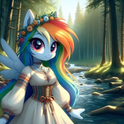 Size: 1024x1024 | Tagged: safe, imported from derpibooru, rainbow dash, anthro, pegasus, ai content, ai generated, clothes, cyrillic, dress, floral head wreath, flower, forest, nature, rainbow dash always dresses in style, river, russian, slavic, solo, tree, water