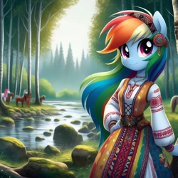 Size: 1024x1024 | Tagged: safe, imported from derpibooru, rainbow dash, anthro, ai content, ai generated, cyrillic, forest, nature, river, russian, slavic, solo, tree, water