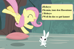 Size: 1008x672 | Tagged: safe, edit, edited screencap, editor:korora, imported from derpibooru, screencap, angel bunny, fluttershy, she talks to angel, angelbetes, cropped, cute, german, hasentanz, lyrics, schnuffel, shyabetes, song reference, text, translated in the description