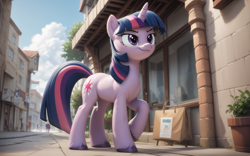 Size: 1280x800 | Tagged: safe, derpibooru exclusive, imported from derpibooru, twilight sparkle, pony, unicorn, 3d, ai content, ai generated, colored, confidence, female, generator:pony diffusion v6 xl, generator:purplesmart.ai, generator:stable diffusion, horn, looking at someone, mane, outdoors, prompter:kyle bilibili, show accurate, solo, street, town, unicorn twilight