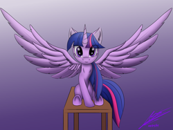 Size: 2560x1920 | Tagged: safe, artist:sokostar shr, imported from derpibooru, twilight sparkle, alicorn, pony, gradient background, large wings, looking at you, sitting, solo, spread wings, sternocleidomastoid, twilight sparkle (alicorn), underhoof, wings