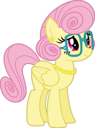 Size: 1428x1920 | Tagged: safe, artist:baumkuchenpony, edit, editor:jaredking779, imported from derpibooru, vector edit, fluttershy, posey shy, pegasus, pony, ear piercing, earring, female, folded wings, glasses, jewelry, mare, necklace, palette swap, pearl necklace, piercing, recolor, simple background, solo, transparent background, vector, wings