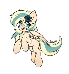 Size: 1500x1600 | Tagged: safe, artist:rejiser, imported from derpibooru, oc, oc only, oc:sea breeze, pegasus, pony, barrette, chest fluff, ear fluff, female, flower, flying, open mouth, pegasus wings, simple background, smiling, solo, tail, white background, wings