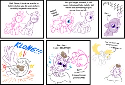 Size: 1000x681 | Tagged: safe, artist:shuffle001, imported from derpibooru, derpy hooves, pinkie pie, twilight sparkle, earth pony, pegasus, pony, unicorn, feeling pinkie keen, comic, female, flattened, food, horn, mare, pinkie sense, potato, sack, tail, twitchy tail, x eyes