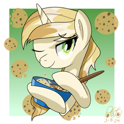 Size: 1861x1861 | Tagged: safe, artist:notadeliciouspotato, imported from derpibooru, sweet biscuit, pony, unicorn, abstract background, bowl, bust, cookie, eyebrows, eyebrows visible through hair, female, food, gradient background, horn, looking at you, mare, one eye closed, signature, smiling, smiling at you, solo