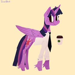 Size: 1280x1280 | Tagged: safe, artist:toksinblack, imported from derpibooru, twilight sparkle, alicorn, pony, clothes, coffee, coffee cup, cup, female, mare, necktie, shirt, simple background, smiling, solo, twilight sparkle (alicorn), yellow background