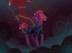 Size: 1280x948 | Tagged: safe, artist:toksinblack, imported from derpibooru, tempest shadow, pony, unicorn, armor, concave belly, female, horn, lightning, mare, slender, smoke, solo, thin