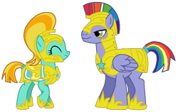 Size: 784x495 | Tagged: safe, artist:selenaede, artist:taionafan369, editor:taionafan369, imported from derpibooru, lightning dust, rainbow blaze, earth pony, pegasus, pony, armor, base artist:selenaede, base:selenaede, boots, chestplate, clothes, croupiere, duo, duo male and female, female, gardequeue, helmet, lightningblaze, male, male and female, mare, race swap, royal guard, saddle, shipping, shoes, simple background, species swap, stallion, tack, transparent background, wingless